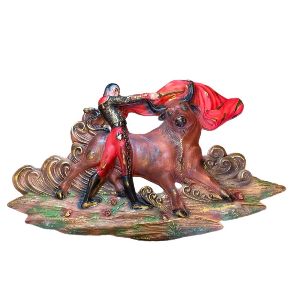 Vintage 1950's Matador and Bull, Hand-Painted Chalkware Sculpture Wall Decor 22”